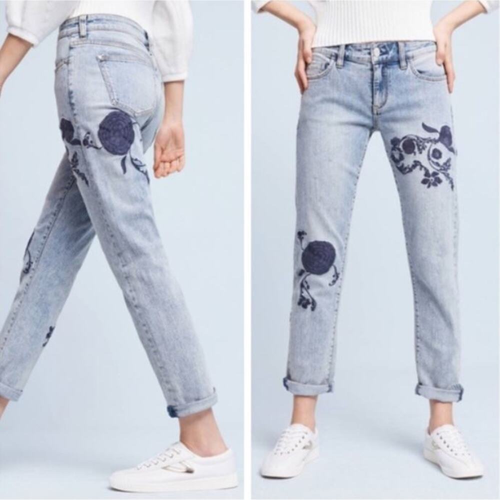 Anthropologie Denim with Navy Floral Straight Leg Jeans